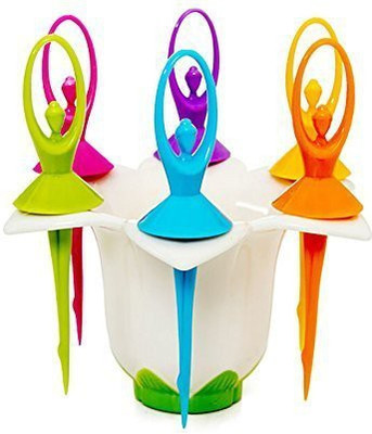 MOUNTHILLS Plastic Dancing Doll Fruit Fork Set With Stand, 6 PCS Fork Spoon Set in Each Stand (Multicolor, Pack Of 1) Disposable Plastic Fruit Fork(Pack of 1)