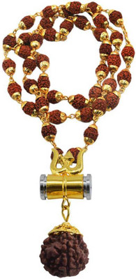Moksh Spiritual arts trishul Damaru Original Panchmukhi Big Rudraksh Locket Mala gold plated (36bead 8 mm) wood chain 15g Gold-plated Brass