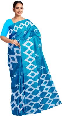 Handloom Bazaar Printed Hand Batik Pure Cotton Saree(Light Blue, White)