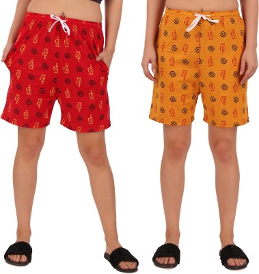Kiba Retail Self Design Women Reversible Red, Yellow Regular Shorts
