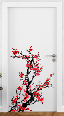 DivineDesigns 48 cm Flower Branch Red Self Adhesive Sticker(Pack of 1)