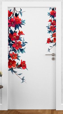 DivineDesigns 53 cm Red Flowers Corner Self Adhesive Sticker(Pack of 1)