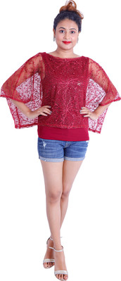 rayie collection Casual Kaftan Sleeve Embellished Women Maroon Top