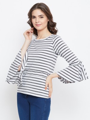 Chrome & Coral Casual Bell Sleeve Striped Women Grey, White Top