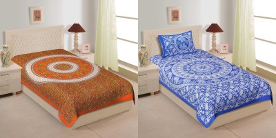 TANIKA 140 TC Cotton Single Printed Flat Bedsheet(Pack of 2, Orange, Blue)