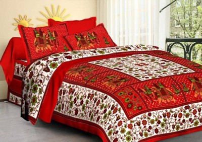 Raj Devi Jaipur 144 TC Cotton Double Printed Flat Bedsheet(Pack of 1, Red)