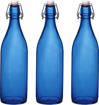 NOGAIYA Hygienic Air Tight Glass Water Bottle, Milk Bottle, Juice Bottle 1000 ml Bottle 1000 ml Bottle(Pack of 3, Blue, Glass)