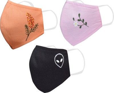Kundan Pure Cotton Hand Printed Reusable Washable Anti Pollution 3 Layer Face Mask ( Pack Of 3 Mask ) HAND PRINTED-PEACH-BLACK-PINK Washable, Reusable Cloth Mask With Melt Blown Fabric Layer(Orange, Black, Pink, Free Size, Pack of 3)