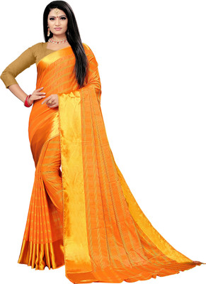 Guru Alankar Checkered Bollywood Silk Blend Saree(Gold, Orange)