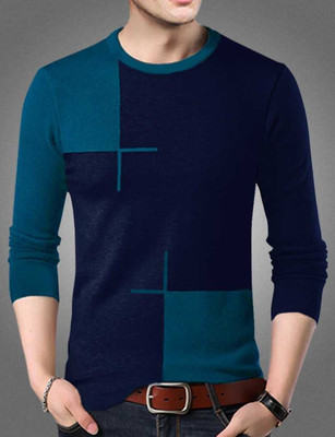 Try This Color Block Men Round Neck Blue T-Shirt