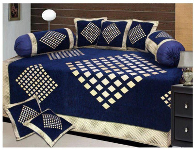 AK Decor Velvet Checkered Diwan Set(Blue)