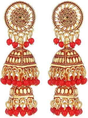 Muccasacra Classy Antique Looking Golden Red Beaded German Silver, Alloy Jhumki Earring