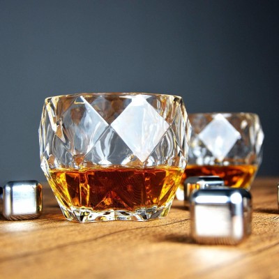 QUALIMATE (Pack of 6) Diamond Cut Round Whiskey Glass for Glasses Bourbon, Vodka, Liquor, Scotch, Alcohol Rocks Crystal Whiskey Glasses - Set of 6, 350ml Glass Set(350 ml, Glass)