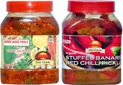 Sun Grow Combo of Organic Homemade Pickles Super Mixed Pachranga Mix Pickle 1Kg & Stuffed Banarsi Red Chilli Pickle Laal Mirch Ka Achaar 1Kg Mixed, Red Chilli Pickle(2 x 1 kg)