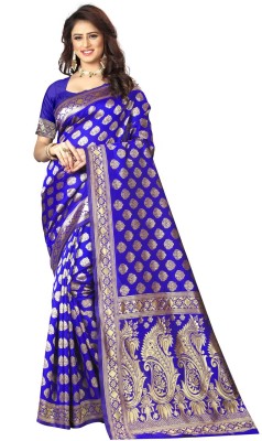 Shoppershopee Woven Kanjivaram Silk Blend Saree(Blue)