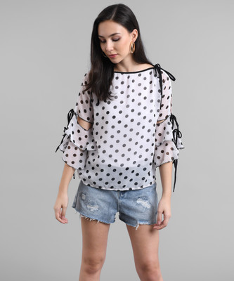 NEOEN Casual Flared Sleeve Polka Print Women White, Black Top