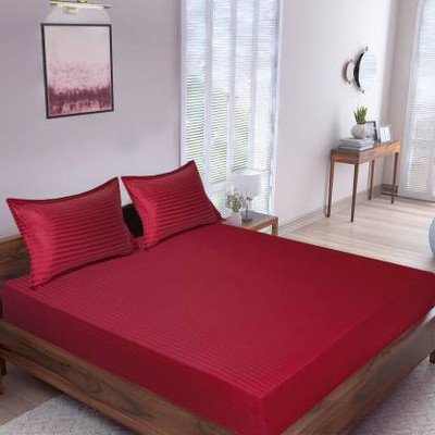 The World Trendz Polycotton Double Flat 144 TC Striped Bedsheet(Pack of 1, Maroon)