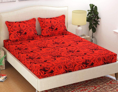 MoreAdore 220 TC Microfiber Double Abstract Fitted (Elastic) Bedsheet(Pack of 1, Orange)