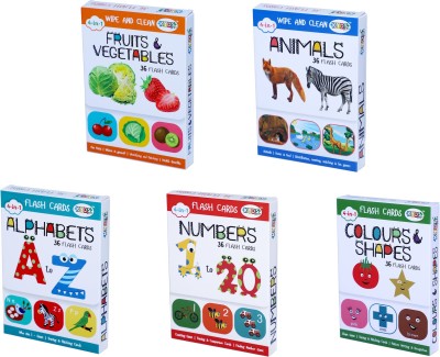 Kyds Play Early Learning Combo - Alphabets + Numbers + Colours & Shapes + Fruits & Vegetables + Animals, Wipe & Clean Activity Flash Cards(White)