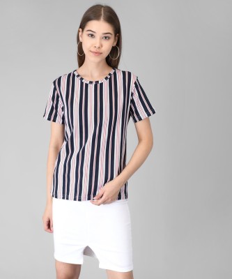 KOTTY Striped Women Round Neck Black T-Shirt