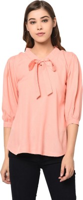 Fourslices Casual 3/4 Sleeve, Puff Sleeve Solid Women Pink Top