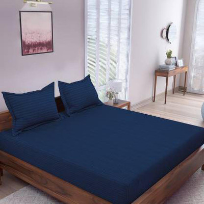 The World Trendz Polycotton Double Flat 144 TC Striped Bedsheet(Pack of 1, Blue)