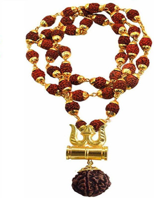 MOKSHA Fedput Loard Shiv Shakti Kavach 5 Mukhi Rudraksha Mala With Shiv Trishul & Damru Wood Chain Alloy, Wood Locket Gold-plated Alloy, Wood