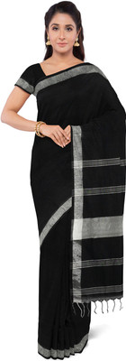 Look And Adorn Solid/Plain Handloom Cotton Linen Saree(Black)