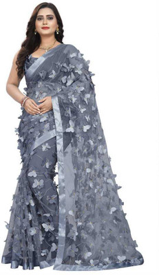 Tiriza Printed, Applique Bollywood Net Saree(Grey)