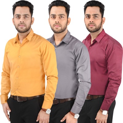 CRAFT HEAVEN Men Solid Casual Maroon, Yellow, Grey Shirt(Pack of 3)