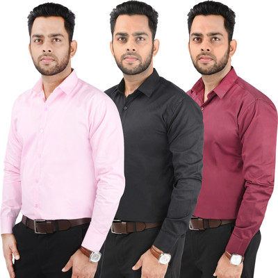 CRAFT HEAVEN Men Solid Casual Maroon, Pink, Black Shirt(Pack of 3)