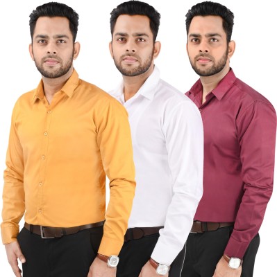 CRAFT HEAVEN Men Solid Casual Maroon, Yellow, White Shirt(Pack of 3)