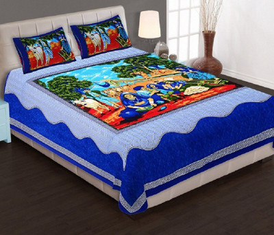 Nisha Enterprises Cotton Double Flat 144 TC Printed Bedsheet(Pack of 1, Blue)