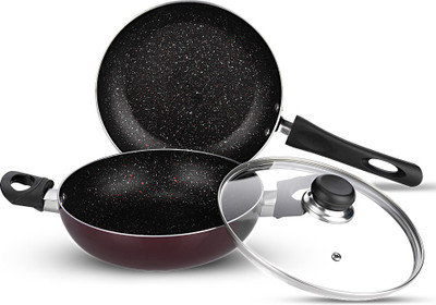 VINOD 2 Pieces Supreme Frying pan / Kadhai Induction Bottom Non-Stick Coated Cookware Set(Aluminium, 2 - Piece)