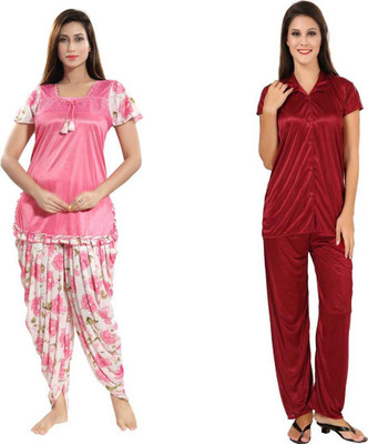 Classic Art Women Printed, Solid Pink, Maroon Top & Pyjama Set