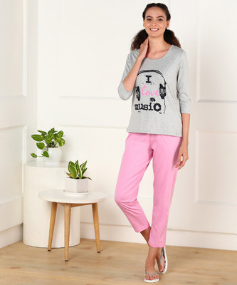 DreamBe Women Printed Grey Top & Pyjama Set