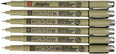 SAKURA Pigma Micron (Black) Set with Brush Fineliner Pen(Pack of 6, Black)