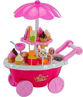 Jaravik Ice Cream Kitchen Play Cart Kitchen Set Toy with Lights and Music, Role Pretends Play Toy, Small Sweet Shop for Kids