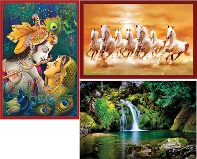 galaxy wooden art gallery 45.72 cm Vastu poster white 7 horse running, Radha Krishna, Green Forest Pleasant Water Flow Self Adhesive Sticker(Pack of 3)