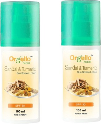 orgello Sunscreen - SPF 30 PA++ Herbal Ayurvedic Sunscreen lotion SPF 30 - Sunscreen Body Lotion - 200 g (2 x 100g) enriched with Turmeric SandalWood Almond Licorice Pack of 2(200 g)