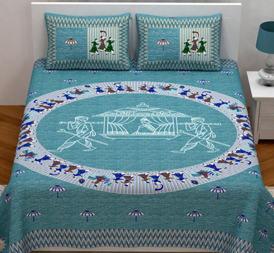 BATHAM HANDLOOM 151 TC Cotton Double Jaipuri Prints Flat Bedsheet(Pack of 2, Blue)