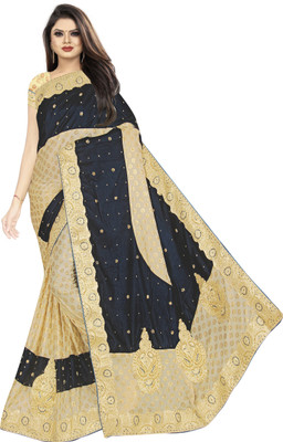 Vihan Fab Embroidered Bollywood Velvet, Lycra Blend Saree(Dark Green)