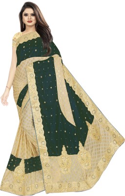 pal fashion Embroidered Bollywood Velvet, Lycra Blend Saree(Green, Gold)