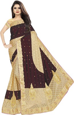 pal fashion Embroidered Bollywood Velvet, Lycra Blend Saree(Magenta, Gold)