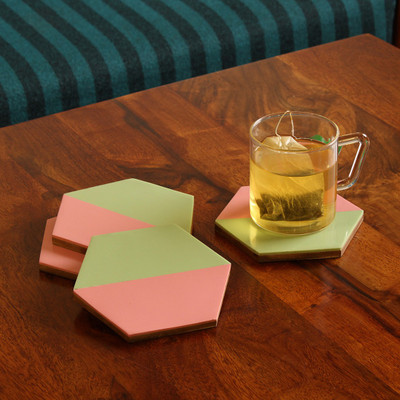 Rangroots Hexagon Wood Coaster Set(Pack of 4)
