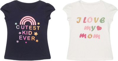 Plum Tree Girls Graphic Print Pure Cotton Regular T Shirt(Multicolor, Pack of 2)