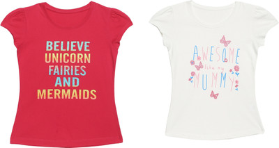 Plum Tree Girls Graphic Print Pure Cotton Regular T Shirt(Multicolor, Pack of 2)