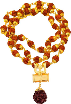 MN Enterprises Five Face Rudraksha Lord Shiv Trishul Damru Locket for Unisex (8MM 36Beads) Beads Gold-plated Plated Brass, Wood Chain