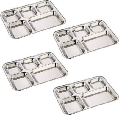 LIMETRO STEEL Stainless Steel Heavy Gauge 4 Pieces Rectangular 5 in 1 Dinner Plate / Lunch Plates / Bhojan Thali (4 Pieces, Stainless Steel) Dinner Plate(Pack of 4)