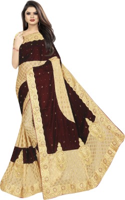 Chandan Fabrics Embroidered, Embellished Bollywood Velvet, Lycra Blend Saree(Maroon)